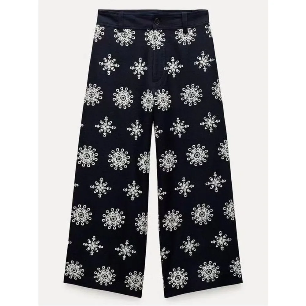 ZARA CONTRAST EMBROIDERED CULOTTES ZW COLLECTION NAVY BLUE